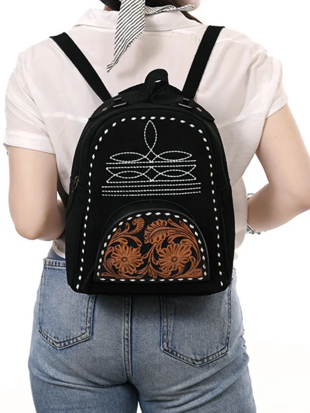 Black Suede Mini Backpack with Floral Leather Accent